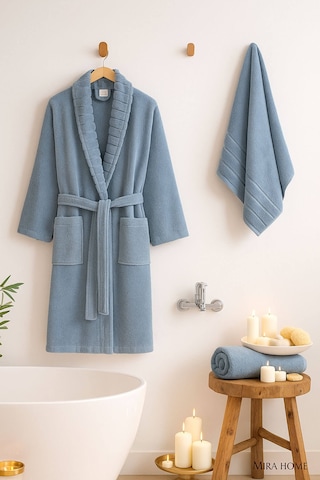 4 Parça Soft Elegance Banyo Aile Bornoz Seti %100 Pamuklu Mavi