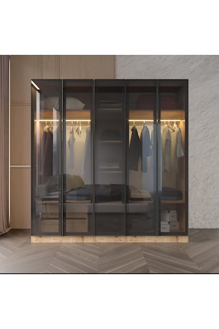 Yıldız Füme Camlı Alimünyum Kapaklı 2 Çekmeceli Giyinme Dolabı Led Askılıklı Tamamı Mdf Safir Meşe