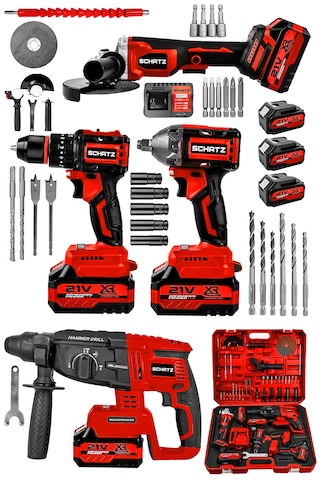 Schatz 21v Darbeli Kömürsüz Kırıcı Delici Hilti & Taşlama & Matkap & Somun Sıkma Sökme 4'lü Set Kırmızı