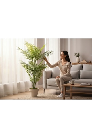 Yapay Areka Ağacı Palmiye Ağacı Salon Bitkisi Yapay Areka 130 Cm 20 Yaprak Beyaz Plastik Saksı Yeşil
