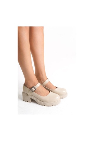 Alemdarshop K-708 Bej Kırışık Rugan Tokalı Yüksek Tabanlı Loafer Ayakkabı C.vizon
