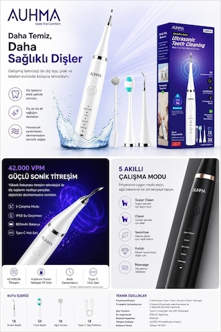 Ultrasonic Şarjlı Elektrikli Akıllı Diş Temizleme Cihazı Beyazlatıcı 5 Mod 3+1 Başlık, Ipx8 Su Geçirmez Siyah