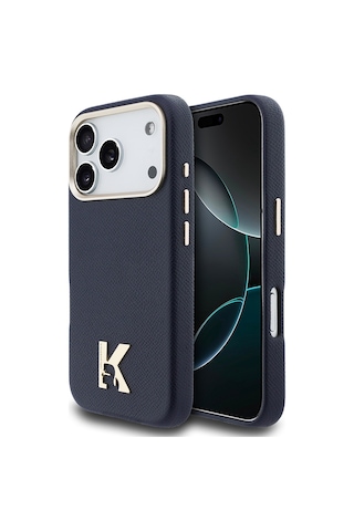 Apple iPhone Uyumlu 17 Pro Max Kılıf Lisanslı M-safeli Gold Kamera Çerçeveli Khead Metal Logolu Pu Deri Lacivert