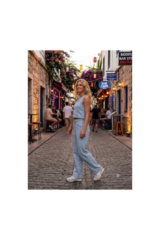 Zdnjeans Kadın Buz Mavi Denim İkili Takım Kolsuz Crop Bluz & Bol Paça Pantolon