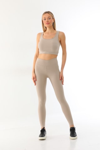 Kallima Bej Toparlayıcı Yüksek Bel Fitilli Spor Tayt-crop Takım