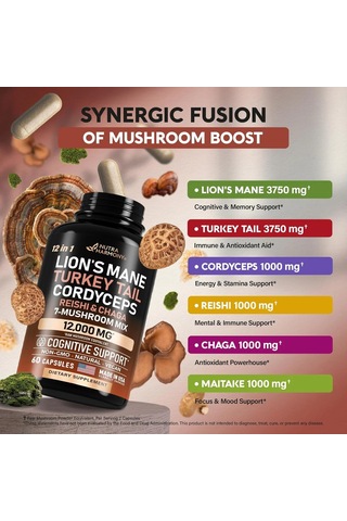 Mushroom Supplement 7 Mushroom Complex 12,000 Mg 60 Capsules