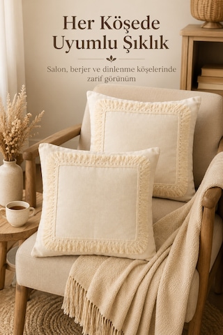 2'li Naturel Keten Püsküllü Kırlent Kılıfı Bohem Rustik Vintage Salon Dekoru Dekoratif 2 Adet Kırlen Bej