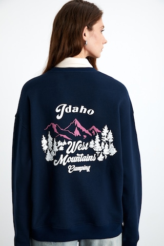 Grimelange Elınay Kadın Pamuklu Oversize Fit Ön Arka Baskı Detaylı Koyu Mavi Sweatshirt