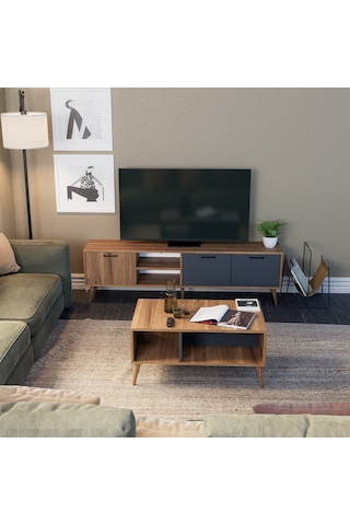 Mezza Set 1581-2070 Exxen 180 CM (AHŞAP AYAKLI) Tv Ünitesi Orta Sehpa Seti Ürgüp-Antrasit Rengi