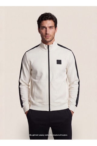 Dkny Dkfw26064-101 Jacquard Sweatshirt Kırık Beyaz Erkek Bisiklet Yaka Logo Baskılı Sweatshirt