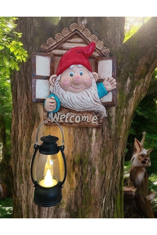 1 Adet Dekoratif Duvar Ve Bahçe Süsü Fenerli Sevimli Cüce Kırmızı