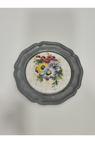 Vintage Zınn Çerçeveli Dekoratif Çiçek Temalı Duvar Tabağı 10cm 012