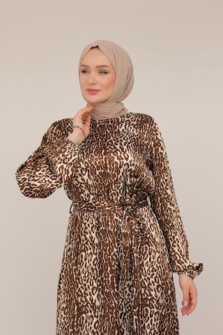 Armine Trend Leopar Desenli Beli Kemerli Elbise Kahverengi 24kt904 Kahverengi