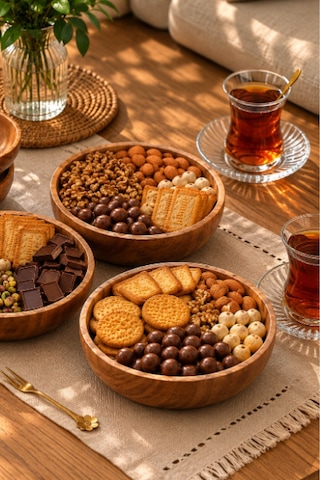 Dekoratif Çerezlik Tabak, Doğal Ahşap Akasya Çerezlik, Çap 12 Cm, 4'lü Set Kahverengi