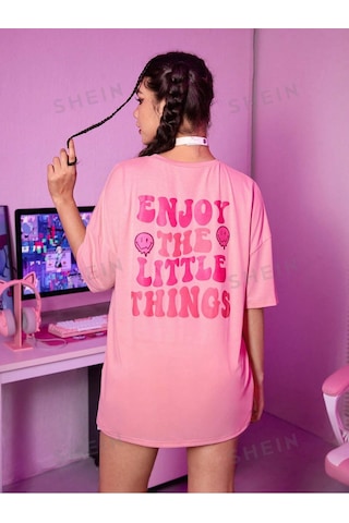 T-shirt - Baskılı Oversize Bisiklet Yaka Kısa Kol Pembe Tişört Pembe