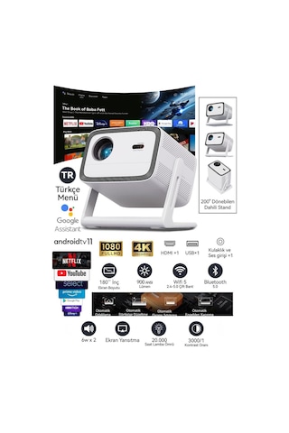 Wanbo Vali 1 Projeksiyon Cihazı 900 ANSI Lümen Android TV Dahili Stand