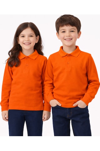 Store Okul Turuncu Polo Yaka Uzunkol Tişört Kıyafetleri Üniforması Çocuk Genç Turuncu