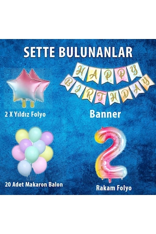 Gökkuşağı Konsepti 2 Yaş Doğum Günü Parti Kutlama Seti; Rakam Ve