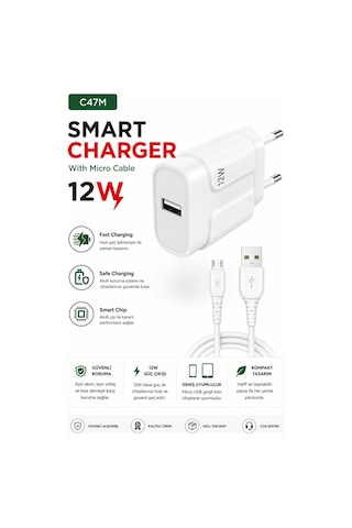 C47m Smart Charger 12w Usb To Mikro Usb Kablolu Hızlı Şarj Aleti Fast Charging Smart Chip Safe Charging Usb Adaptör Ve Şarj Kablosu