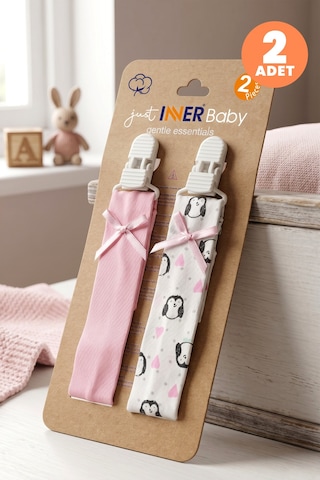 Just Inner Kız Bebek 2'li Pamuklu Emzik Askısı Klipsli Penguen Desenli Fiyonklu Güvenli Ve Şık 684101 Çok Renkli