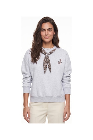 Onloox Kadın Gri Gri Pamuklu Üç İplik Şardonlu Oversize Fular Detaylı Ceylan Nakışlı Sweatshirt