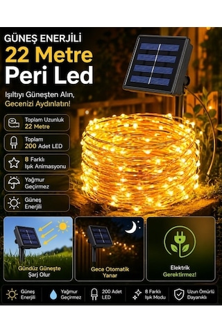 Güneş Enerjili 200 Led Peri Işık, Bahçe Ve Balkon Dekorasyon İçin Aydınlatma 22 Metre Solar Led -