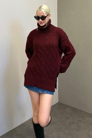 Madmext Bordo Boğazlı Triko Kazak Mg2376 Bordo