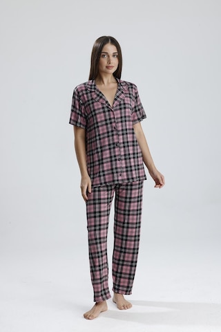 Kompedan Kadın Önden Düğmeli Pijama Takım Ekose Pembe Eks Pembe