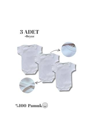 Betül Bebek Kısa Kollu 3'lü %100 Organik Pamuk Çıtçıtlı Bebek Body & Zıbın 3 Adet Beyaz
