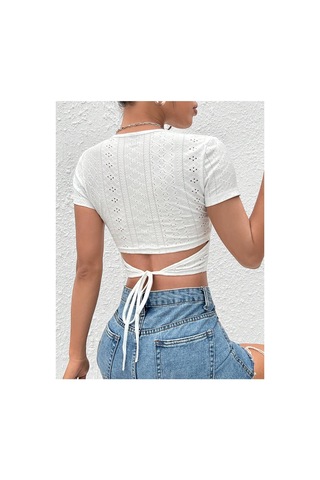 Meren Like Your Syle Beyaz Belden Bağlamalı Kısa Kollu Crop Bluz Beyaz