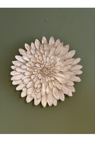 Çiçek Dekoratif Duvar Tabağı / Obje Krem & Eskitme Altın Yaldız 28 Cm