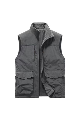 Snapbuy Kışlık Çift Taraflı, Çok Cepli, Bol Kesimli, Kalın Peluşlu Erkek Yeleği Koyu Gri