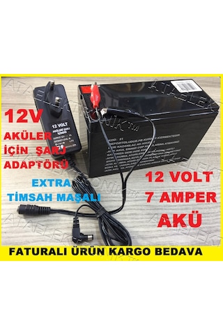 12 Volt 7 Amper Akü Pil + 12 Volt Akü Pil Şarj Adaptörü 1A Cihaz