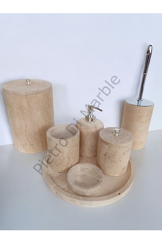 Sarı Traverten Klasik Model 7 Parça Gümüş Renk Düğme Aksesuarlı Banyo Seti Sarı Traverten