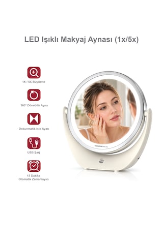 Touchbeauty Tb1276 Led Işıklı, Dounmatik Ekranlı, Şarj Edilebilir Makyaj Aynası 5x Büyütmeli Beyaz