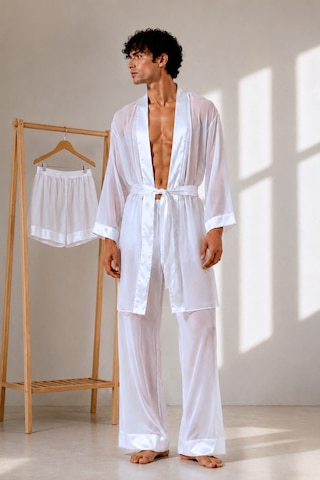 Qmen Style Erkek Şifon Kimono- Pijama - Şort Seti Beyaz