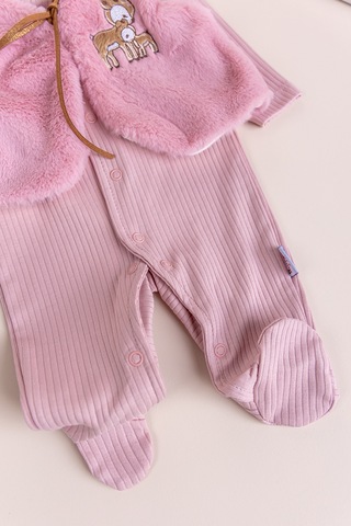 Peluş Yelekli Pamuklu İkili Kız Bebek Tulum Set Gülkurusu