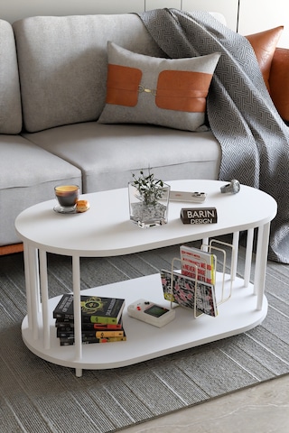 Modern Oval Orta Sehpa Çift Katlı Metal Ayaklı Salon, Ofis, Dekoratif Sehpa, Beyaz Demir Beyaz