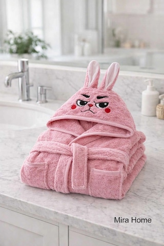 Pembe Tavşan Nakışlı Kulaklı Bebek Ve Çocuk Bornozu Diğer