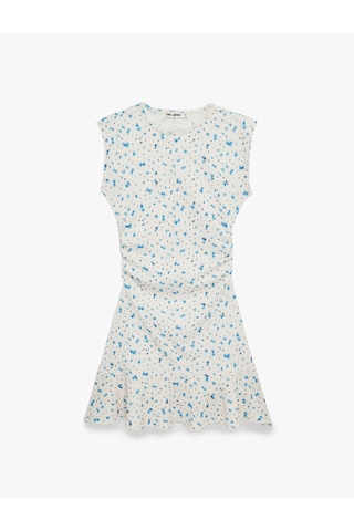 Koton Kolsuz Drapeli Bisiklet Yaka Slim Fit Çiçekli Kloş Mini Elbise Mavi Desenli 6sal80179ık