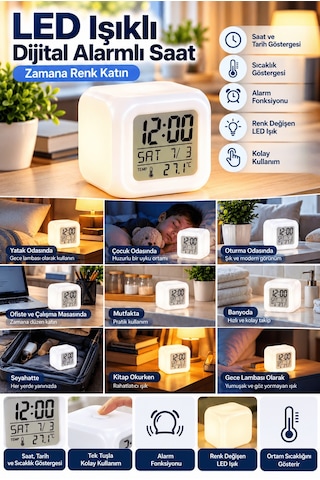 Lexroo Led Aydınlatmalı Küp Saat Dijital Alarm Tarih Ve Sıcaklık Diğer