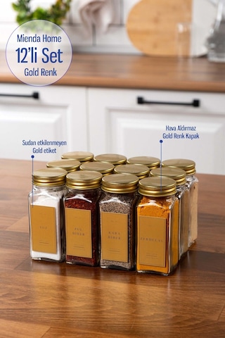 12'li Cam Gold Kapaklı Gold Etiketli 12-li Baharatlık Seti Takımı-mh00gld12 Gold - Şeffaf