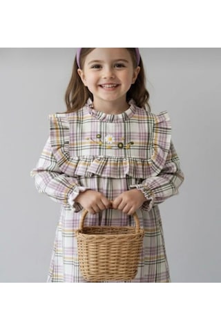 Ekose Çiçek Nakış Detaylı Kız Çocuk Elbise - Yeşil Yeşil