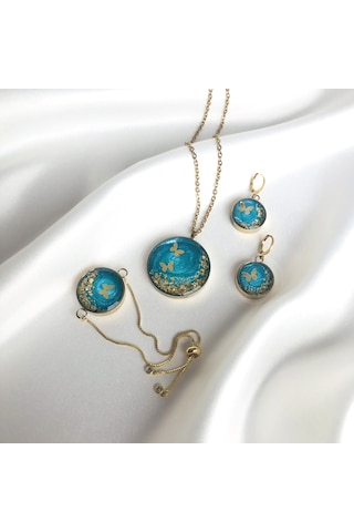 Ronik Altın Kaplama Çelik Kolye Küpe Bileklik Yüzük ve Saç Tokası 80923991 Altın