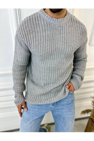 Elku Moda Kazak Oversize Çift Kat Zincir Örgü Naturel Pamuk Bol Kesim Tüylenmez Triko Kazak Gri