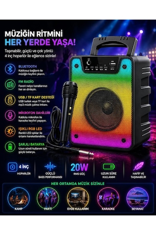 20w Rms Güçlü Bluetooth Parti Hoparlörü - 4 İnç Rgb Işıklı - Kablolu Mikrofonlu Karaoke Seti Mikrofon Dahil -