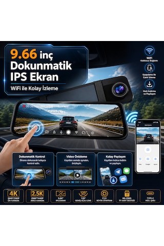Pasens Araç Dikiz Aynası Dvr 4k Ultra Hd Ön + 1080p Arka Kamera, 10" Ips Dokunmatik Ekran, Wifi & App Kontrolü, Süper Gece Görüş, Bsd