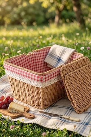 Atbyhome Hasır Piknik Sepeti Dikdörtgen Kapaklı Ve Bezli Rattan Sepet Organizer 39x27x18 Kahverengi