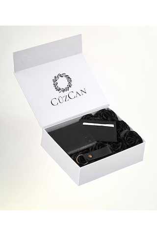 Premium Gift Rose Box - M.utd Siyah Hakiki Deri Cüzdan - Kartlık - Anahtarlık Ve Siyah Gül Kutusu Siyah