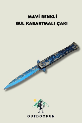 Mavi Renkli Gül Kabartmalı Kamp Çakı Koyu Mavi